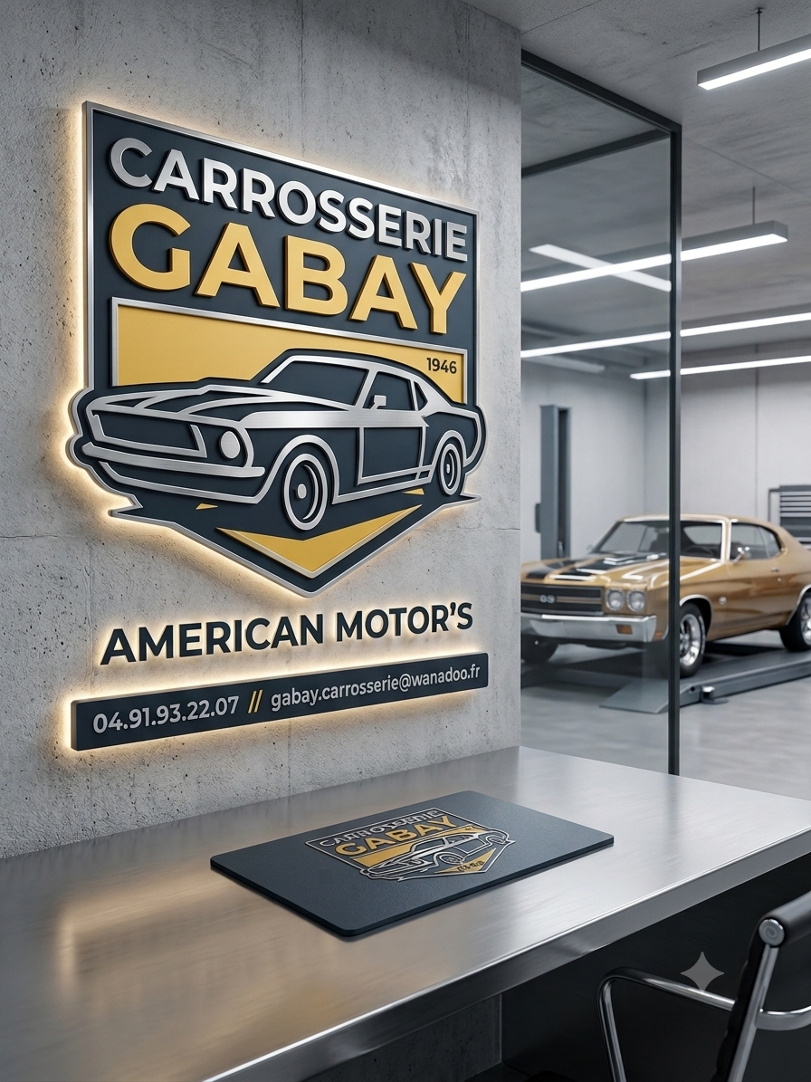 Enseigne Carrosserie Gabay dans l'accueil de l'atelier à Marseille